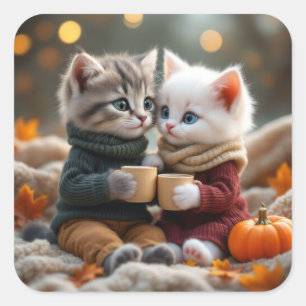 Tom & Luna – Knuffelende Pompoen Vierkante Sticker
