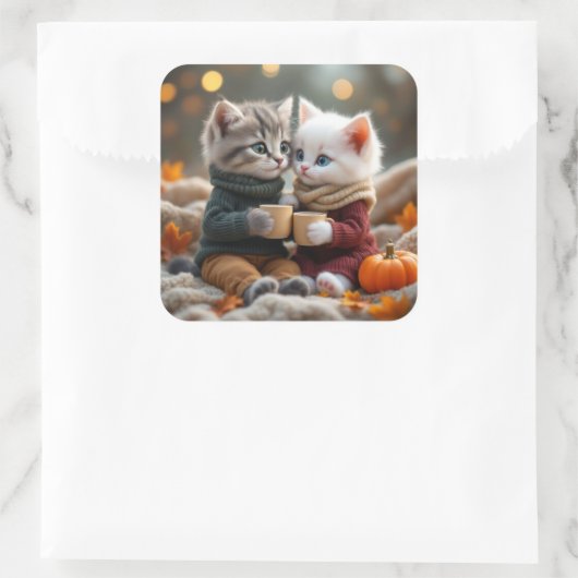 Tom & Luna – Knus Pompoenknuffel Vierkante Sticker (Tas)