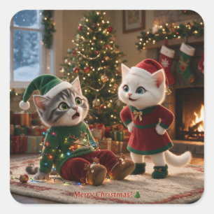 Tom & Luna Prettig Kerstmis Grappige Kattensticker Vierkante Sticker