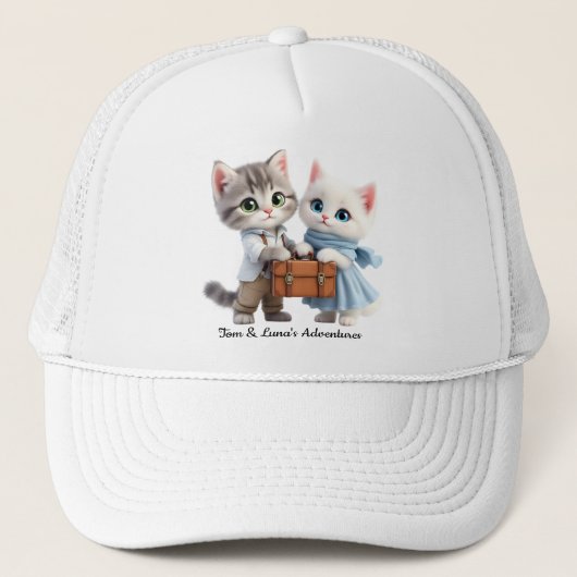 Tom & Luna Travel Hat – Cute Cat Adventure Cap Trucker Pet (Voorkant)