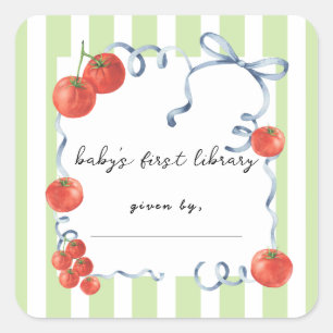 Tomaat babyshower Baby's eerste bibliotheek Vierkante Sticker