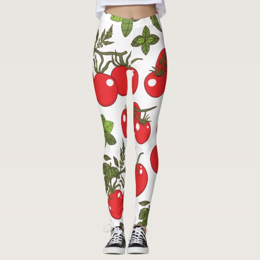 Tomaat Basilicum Naadloos Keukenpatroon Leggings (Voorkant)