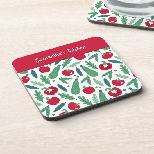 Tomaat en komkommer Vegetable Pattern met naam Red Bier Onderzetter (Linkerzijde)