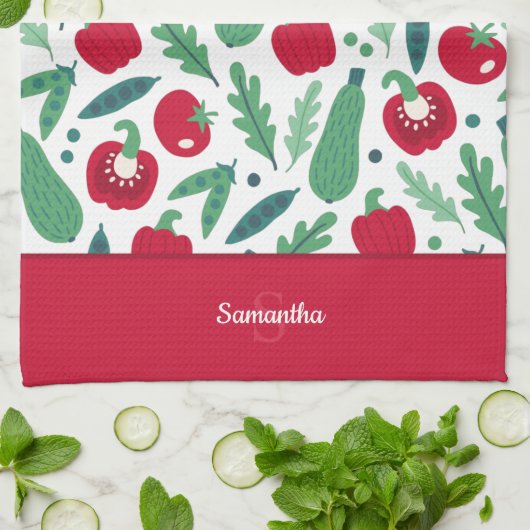 Tomaat en komkommer Vegetable Pattern met naam Red Theedoek (Gevouwen)