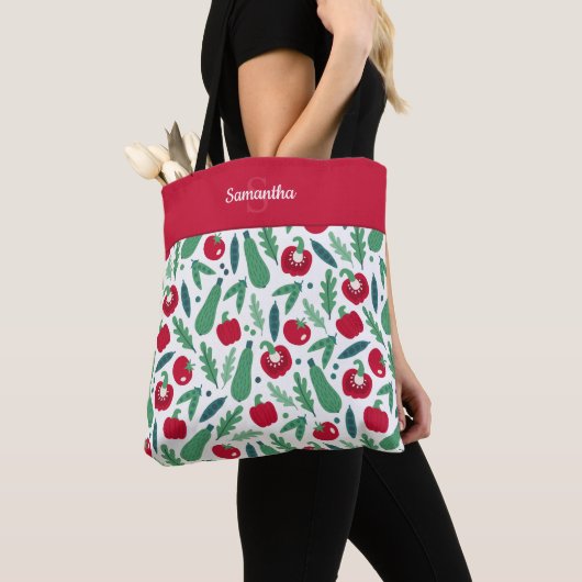 Tomaat en komkommer Vegetable Pattern met naam Red Tote Bag (Dichtbij)