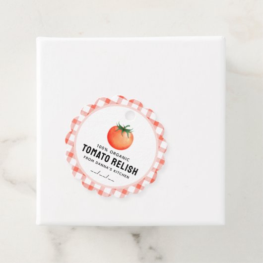 Tomaat Relish met tomaat en geruit patroon Bedankjes Labels (In situ)
