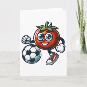 Tomaat Voetbalspeler Schattige Cartoon Met Voetbal Kaart