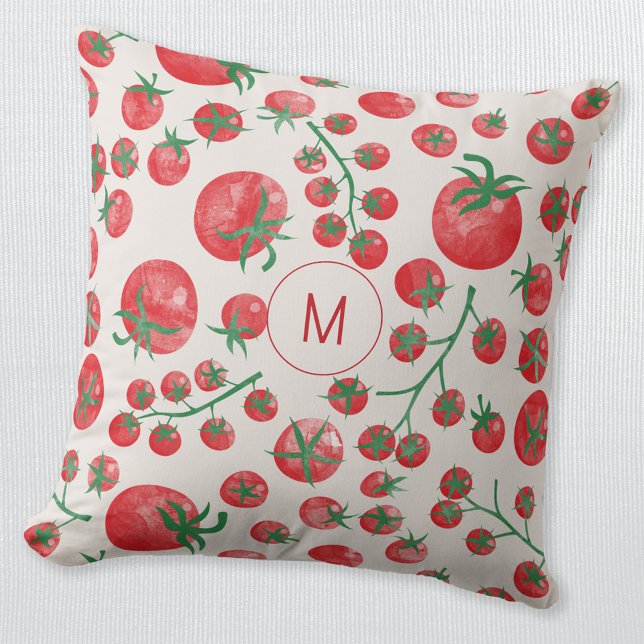 Tomaat Waterverf Mediterraan Monogram Initiaal Kussen (Fun watercolor tomato Mediterranean pattern monogram initial personalized throw pillow)