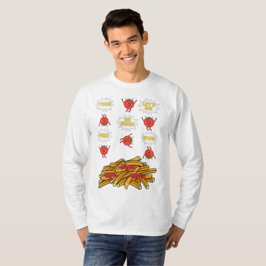 tomaten die naar gefrituurde aardappelen springen  t-shirt (Voorkant volledig)