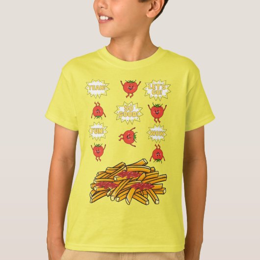 tomaten die naar gefrituurde aardappelen springen  t-shirt (Voorkant)