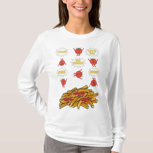 tomaten die naar gefrituurde aardappelen springen  t-shirt (Voorkant)
