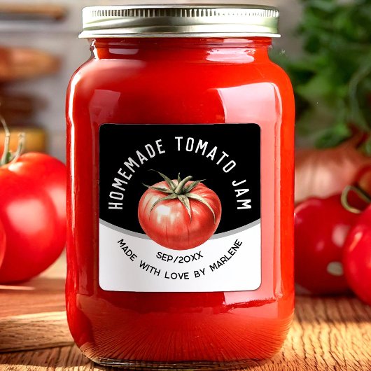 Tomatenjam met rode tomaat vierkante sticker