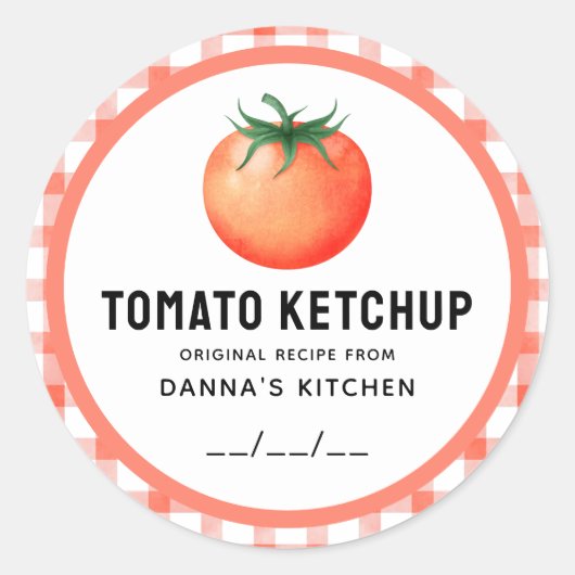 Tomatenketchup inmaaklabel met geruit ontwerp ronde sticker (Voorkant)