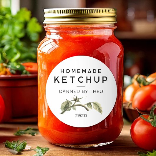 Tomatenketchup-label met waterverf tomatenblad ronde sticker