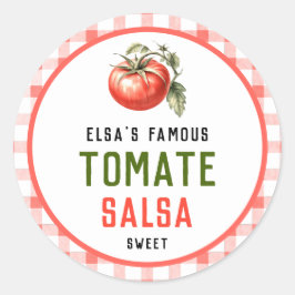 Tomatensalsa-conserve met rode tomaat boerderij ui ronde sticker