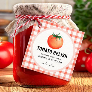 Tomatensaus met tomaat en geruit patroon bedankjes labels
