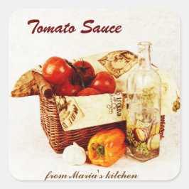 Tomatensaus - tomaten in een mand vierkante sticker