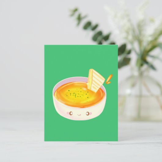 Tomatensoep en broodje met gegrilde kaas briefkaart (Staand voorkant)