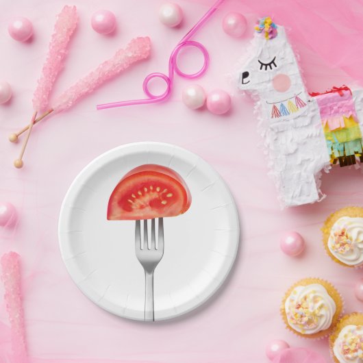 Tomatenstuk op een vork papieren bordje (Feest)