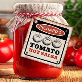 Tomathe Hot Salsa met roestige achtergrond Bedankjes Labels