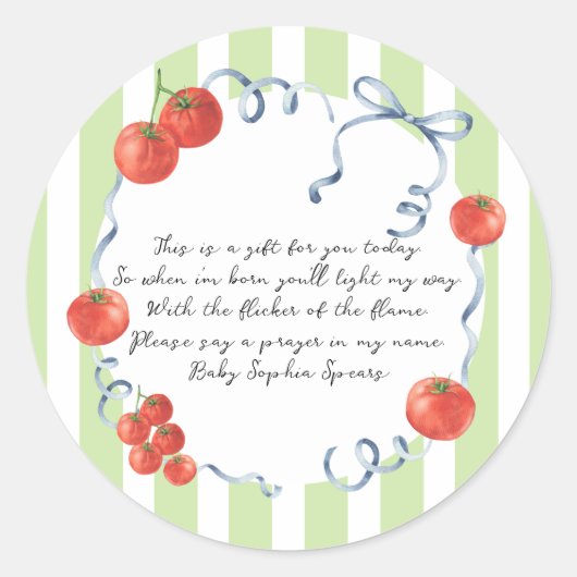 Tomato baby shower Pray Candle Ronde Sticker (Voorkant)