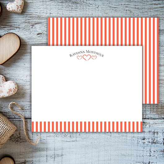 Tomato Modern Open Hearts Striped Note Card Notitiekaartje