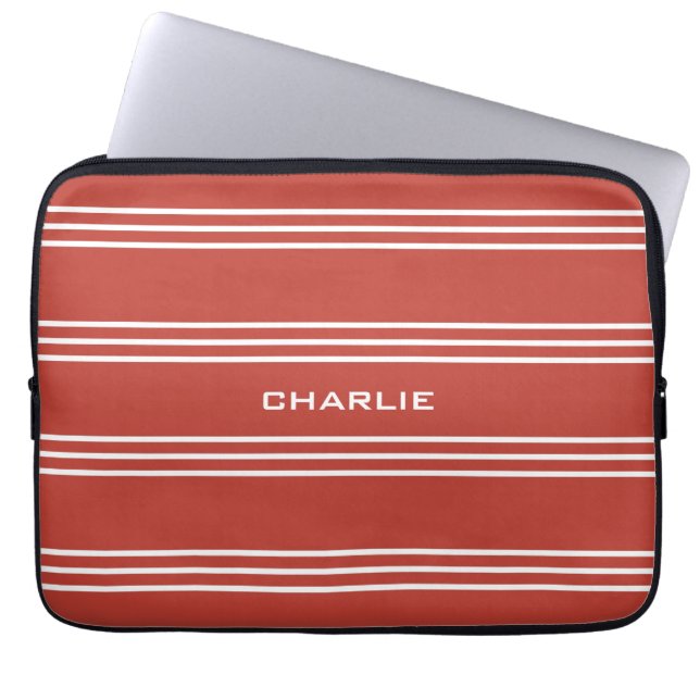 Tomato Red Stripes, aangepaste monogram laptophoez Laptop Sleeve (Voorkant)