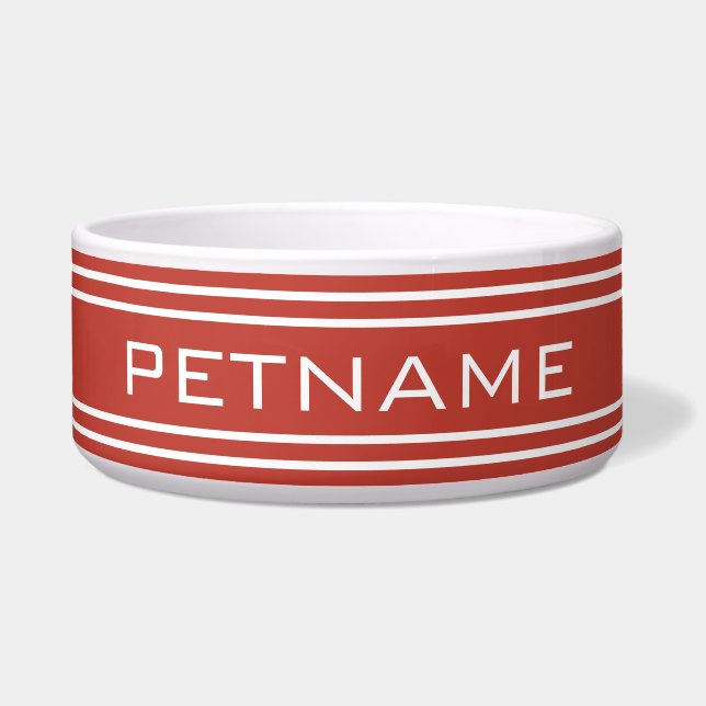 Tomato Red Stripes aangepaste monogram pet bowlen Voerbakje (Voorkant)