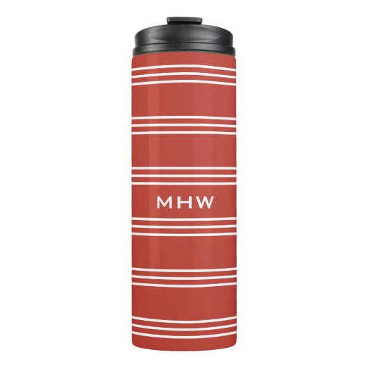 Tomato Red Stripes aangepaste monogram tumbler Thermosbeker (Voorkant)
