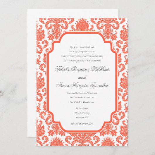 Tomato Red Weddings Designer Damask Sjabloon Kaart (Voorkant / Achterkant)