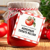 Tomato Relish label met geruit patroon in rood