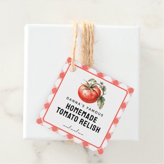 Tomato Relish label met geruit patroon in rood (In situ)