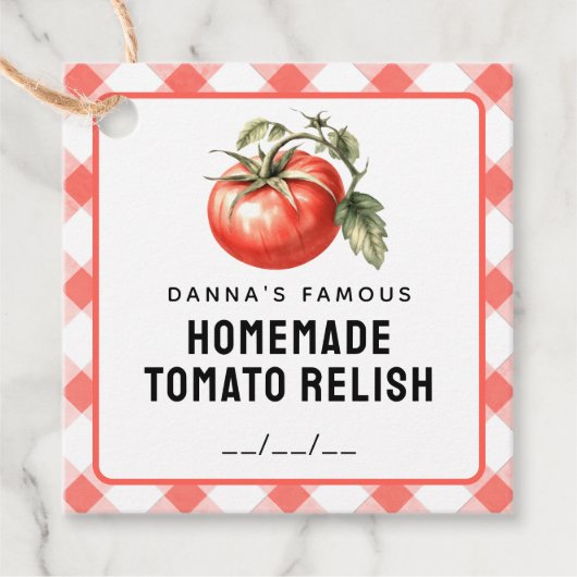 Tomato Relish label met geruit patroon in rood (Voorkant)