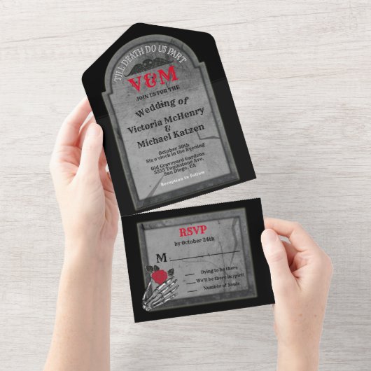 Tombstone Gothic Halloween Wedding All In One Uitnodiging (Afscheurbaar)