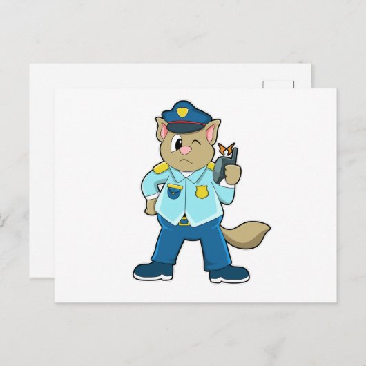 Tomcat als politieagent met uniform en microfoon briefkaart (Voorkant / Achterkant)