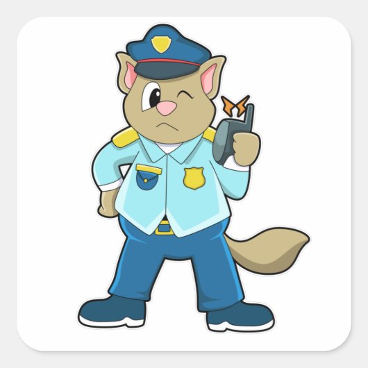 Tomcat als politieagent met uniform en microfoon vierkante sticker (Voorkant)