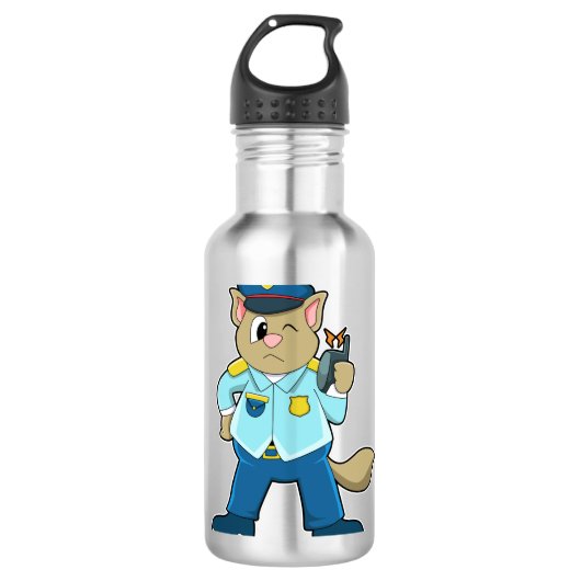 Tomcat als politieagent met uniform en microfoon waterfles  (Voorkant)