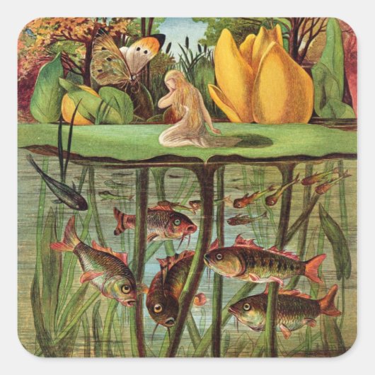 Tommelise erg desolaat op het waterlelblad, in vierkante sticker (Voorkant)