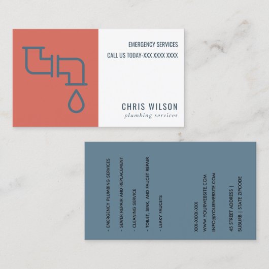 TOMOTO RED NAVY PLUMBER SERVICE PIPES PLUMBING VISITEKAARTJE (Voorkant / Achterkant)