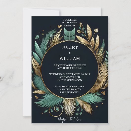 Tone krans Palm Tree strand groen en gouden bruilo Kaart (Voorkant)