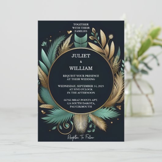 Tone krans Palm Tree strand groen en gouden bruilo Kaart (Staand voorkant)