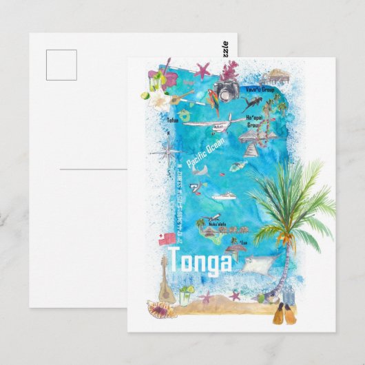 Tonga Polynesia geïllustreerde reiskaart Briefkaart (Voorkant / Achterkant)