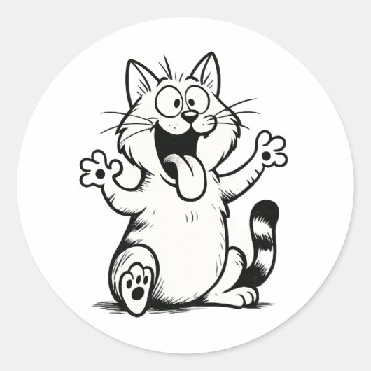 "Tongue Out, Paws Up!" – Funny Cartoon Cat Ronde Sticker (Voorkant)