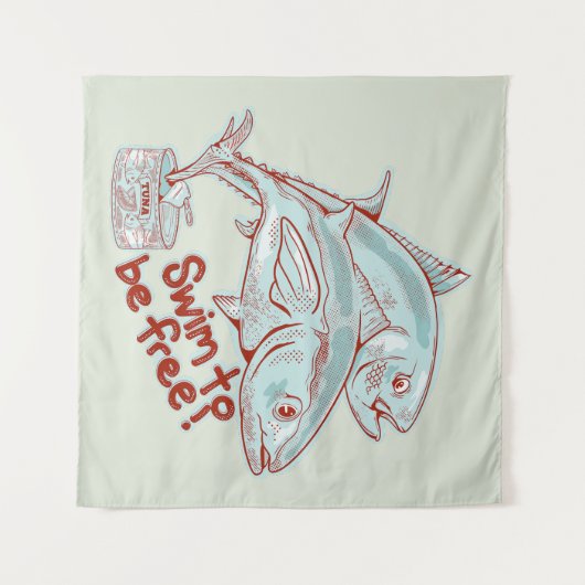 Tonijn Vis ontsnapt aan een blikje Wandkleed (Voorkant (horizontaal))