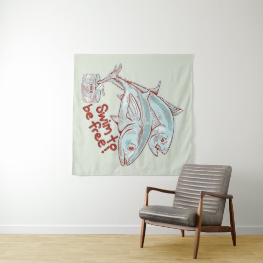 Tonijn Vis ontsnapt aan een blikje Wandkleed (In Situ (horizontaal))