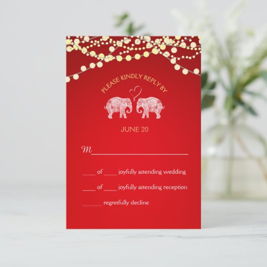 TONNEN VAN LIEFDE/Olifant String Lights Bruiloft R RSVP Kaartje (Staand voorkant)