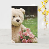 Tonsillectomie, teddybeer en bloemen beterschap kaart (Gele Bloem)