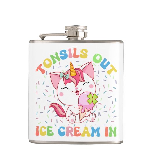Tonsillen uit, ijs in | eenhoornkat heupfles (Voorkant)