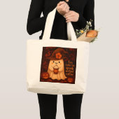 Too Cute to Spook Without Coffee – Halloween Ghost Grote Tote Bag (Voorkant (product))