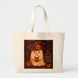 Too Cute to Spook Without Coffee – Halloween Ghost Grote Tote Bag